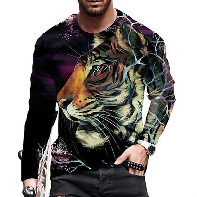 Naljakas 3D Tiger Print pikkade varrukatega T-särgid Moodne Hip Hop Harajuku T-särk meestele Juhuslikud O-kaelusega puuvillased topid Suuremõõtmeline pullover