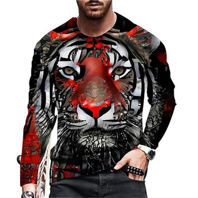Naljakas 3D Tiger Print pikkade varrukatega T-särgid Moodne Hip Hop Harajuku T-särk meestele Juhuslikud O-kaelusega puuvillased topid Suuremõõtmeline pullover