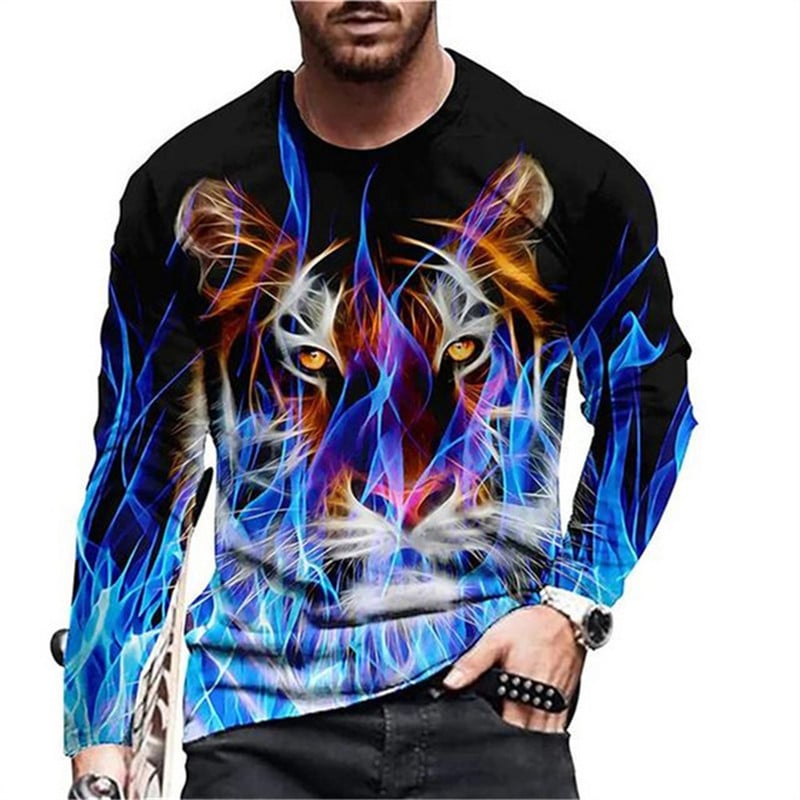 Naljakas 3D Tiger Print pikkade varrukatega T-särgid Moodne Hip Hop Harajuku T-särk meestele Juhuslikud O-kaelusega puuvillased topid Suuremõõtmeline pullover