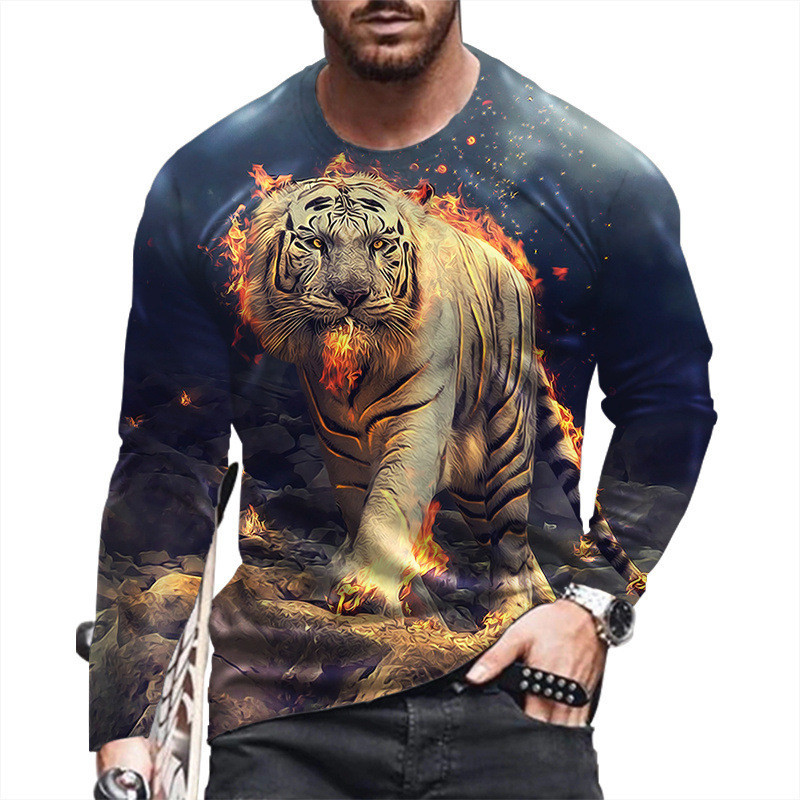 Naljakas 3D Tiger Print pikkade varrukatega T-särgid Moodne Hip Hop Harajuku T-särk meestele Juhuslikud O-kaelusega puuvillased topid Suuremõõtmeline pullover