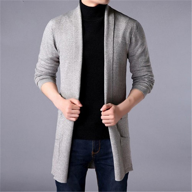 Kampsunmantlid Meeste uus mood, 2020. aasta sügis, meeste õhukesed pikad ühevärvilised kootud jakk Moodne meeste vabaaja kampsun kardigan mantlid