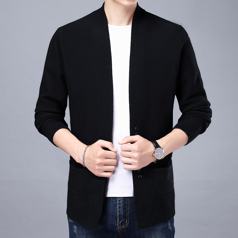 Sügistalvine silmkoeline kampsun meeste mood Slim Fit kampsun ülerõivad Meeste ühevärviline V kaelus vabaaja Korea kootud kardigan mees