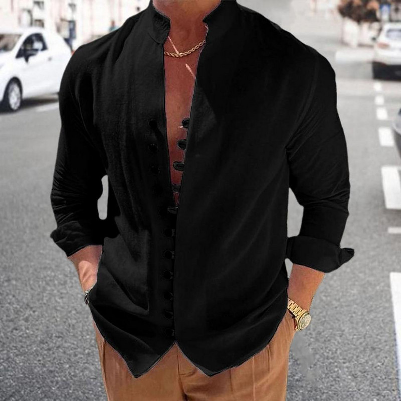 Új tavaszi őszi alkalmi ing laza férfi egyszínű, hosszú ujjú ing gombos ingek Vintage nagy méret