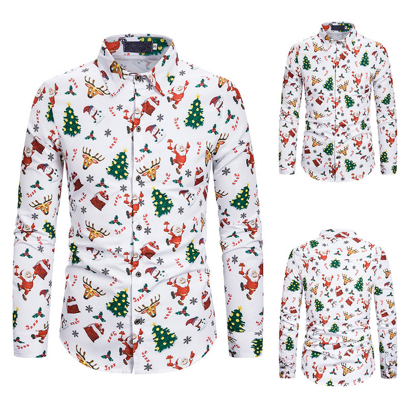 Meeste pidulikud särgid Jõulud Uus multikas trükitud nööpidega revääriga särgid Meeste vabaaja moe pikkade varrukatega pluus Jõulupeo topp
