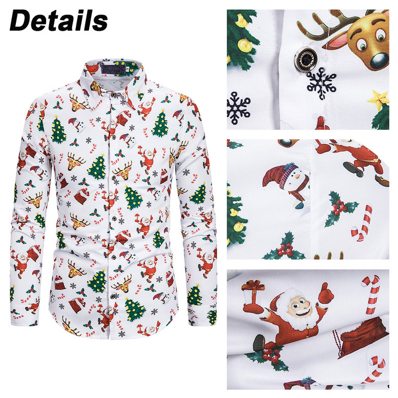 Meeste pidulikud särgid Jõulud Uus multikas trükitud nööpidega revääriga särgid Meeste vabaaja moe pikkade varrukatega pluus Jõulupeo topp