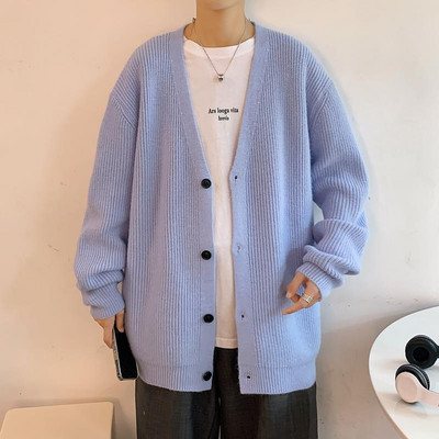 Pulover Cardigan Bărbați cu decolteu în V Harajuku Îmbrăcăminte largi de iarnă Kpop japonez elegant, tricot simplu, îmbrăcăminte de stradă