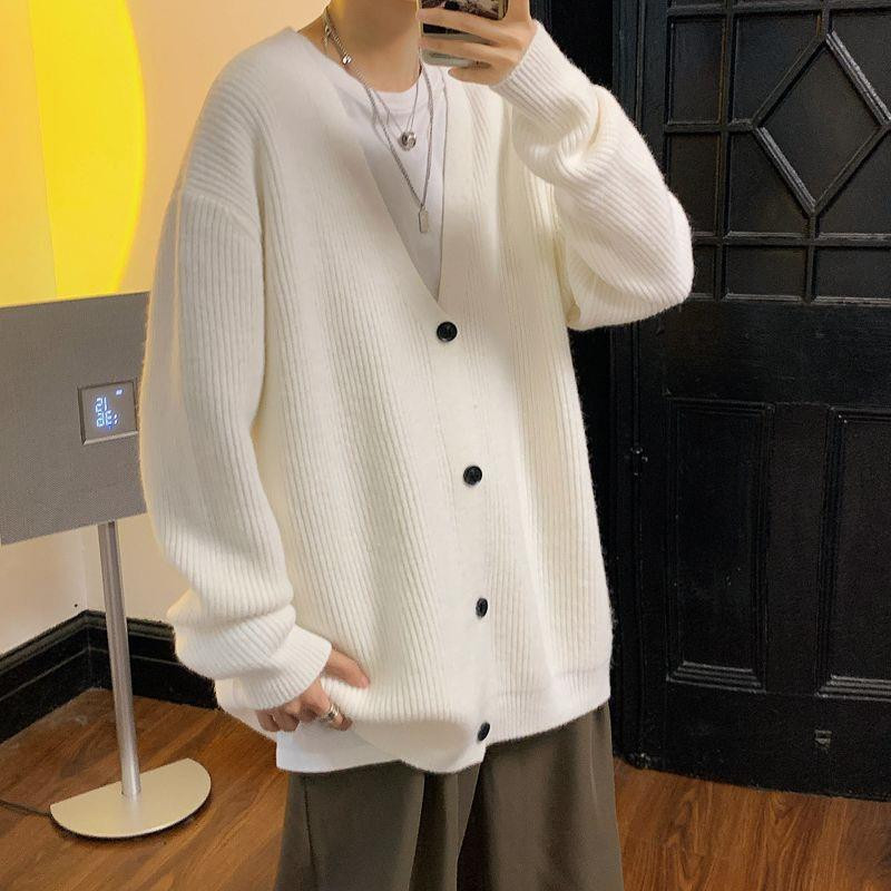 Pulover Cardigan Bărbați cu decolteu în V Harajuku Îmbrăcăminte largi de iarnă Kpop japonez elegant, tricot simplu, îmbrăcăminte de stradă