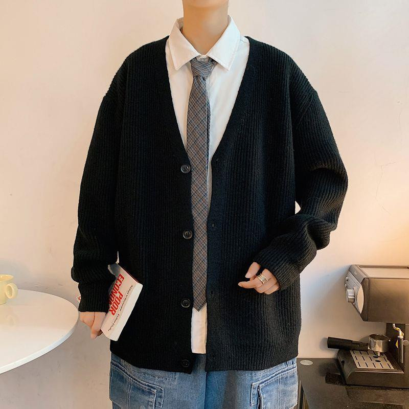 Pulover Cardigan Bărbați cu decolteu în V Harajuku Îmbrăcăminte largi de iarnă Kpop japonez elegant, tricot simplu, îmbrăcăminte de stradă