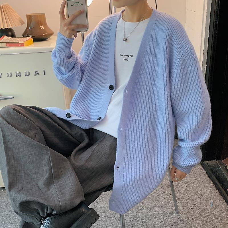 Pulover Cardigan Bărbați cu decolteu în V Harajuku Îmbrăcăminte largi de iarnă Kpop japonez elegant, tricot simplu, îmbrăcăminte de stradă