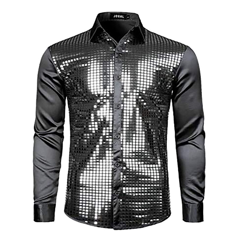 Įprasti vyriški 70-ųjų disko marškiniai su metaliniais blizgučiais ilgomis rankovėmis su sagutėmis Suknelės marškiniai naktinio klubo marškiniai ilgomis rankovėmis su sagute