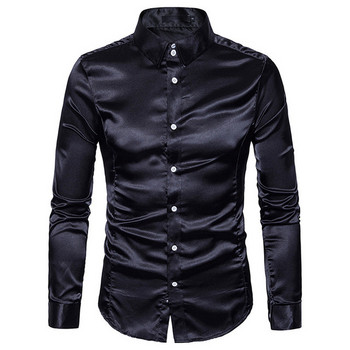 Мъжка копринена риза с дълъг ръкав и ревер, едноредно черно златисто сатенено ежедневно прилепнало социално официално мъжко облекло