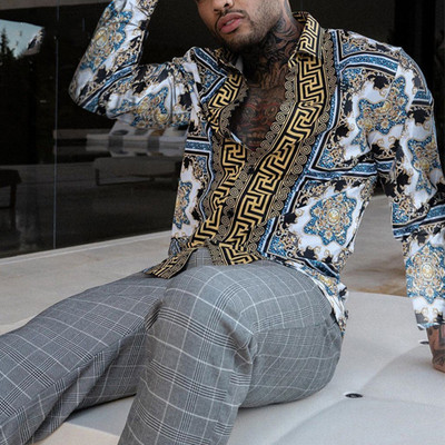 Luksuslik kuningliku pere 2023. aasta kevad- ja sügisbränd, meeste vabaaja moeprinter, pikkade varrukatega siidine särk S-3XL