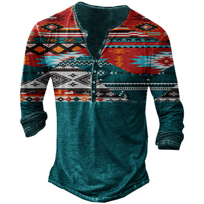 Férfi Henley Shirt Tribal Graphic pólók tavaszi ősz utánzat pamut alkalmi hosszú ujjú gombos pólók kültéri pólók