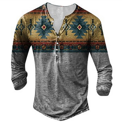 Muška Henley majica Tribal Graphic T-shirts Proljeće Jesen Imitacija pamuka Ležerne majice dugih rukava na kopčanje Majice za vanjske aktivnosti