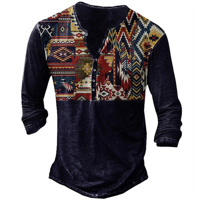 Muška Henley majica Tribal Graphic T-shirts Proljeće Jesen Imitacija pamuka Ležerne majice dugih rukava na kopčanje Majice za vanjske aktivnosti
