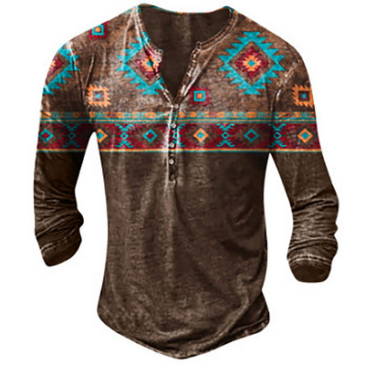 Muška Henley majica Tribal Graphic T-shirts Proljeće Jesen Imitacija pamuka Ležerne majice dugih rukava na kopčanje Majice za vanjske aktivnosti