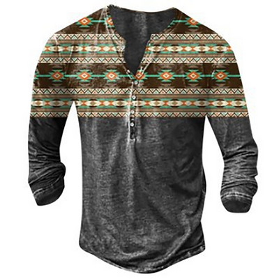 Muška Henley majica Tribal Graphic T-shirts Proljeće Jesen Imitacija pamuka Ležerne majice dugih rukava na kopčanje Majice za vanjske aktivnosti