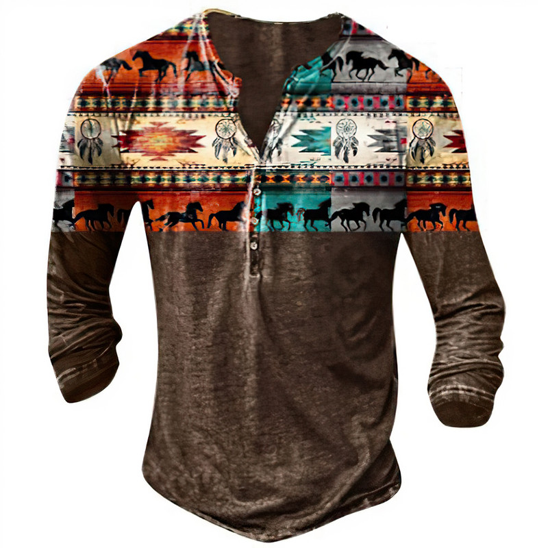 Muška Henley majica Tribal Graphic T-shirts Proljeće Jesen Imitacija pamuka Ležerne majice dugih rukava na kopčanje Majice za vanjske aktivnosti