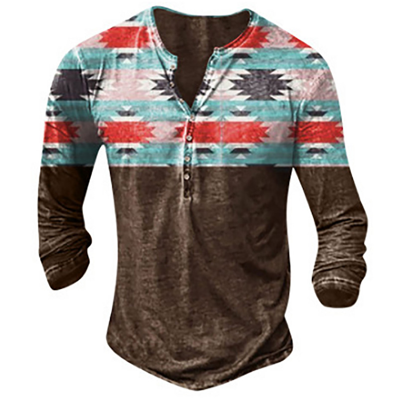 Muška Henley majica Tribal Graphic T-shirts Proljeće Jesen Imitacija pamuka Ležerne majice dugih rukava na kopčanje Majice za vanjske aktivnosti