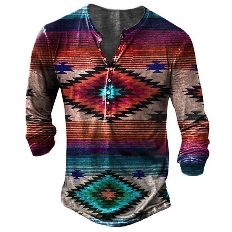 Muška Henley majica Tribal Graphic T-shirts Proljeće Jesen Imitacija pamuka Ležerne majice dugih rukava na kopčanje Majice za vanjske aktivnosti