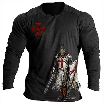 Knight Templar Vintage Print Есенна мъжка тениска с О-образно деколте Ежедневна тениска с дълъг ръкав Оверсайз пуловер Модна тенденция Мъжки дрехи