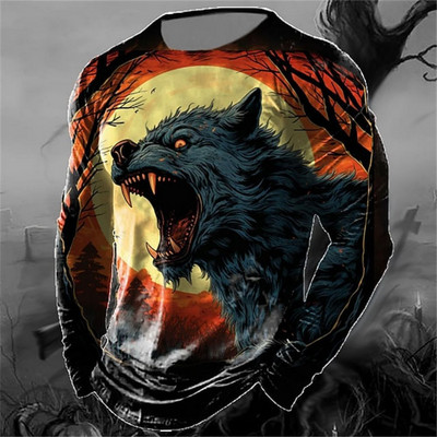 Vintage Animal T-shrit Βαμβακερό T-shirt για ανδρικά ρούχα Φθινοπωρινά Wolf Graphic Apparel Street Oversized μακρυμάνικο μπλουζάκια ανδρικό μπλουζάκι
