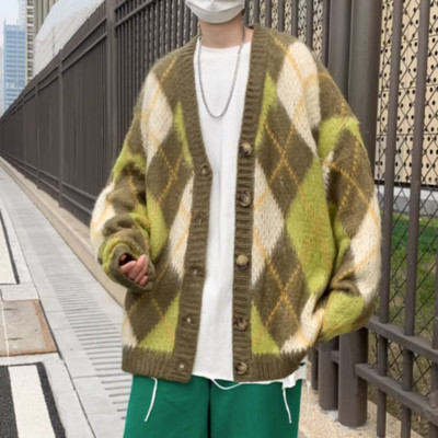 Juspinice šikk kardigan meeste ruuduline V-kaelusega pikkade varrukatega Jaapani stiilis vaba vabaaja kardiganid Vintage Korea stiilis kampsun Y2k topid