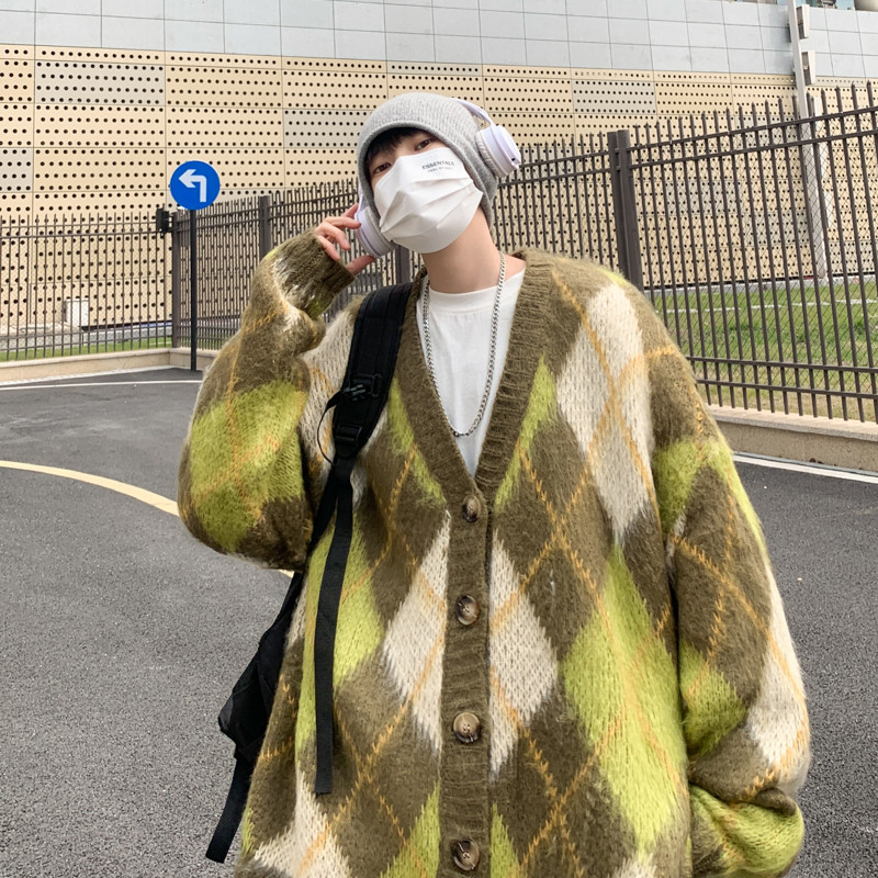 Juspinice šikk kardigan meeste ruuduline V-kaelusega pikkade varrukatega Jaapani stiilis vaba vabaaja kardiganid Vintage Korea stiilis kampsun Y2k topid