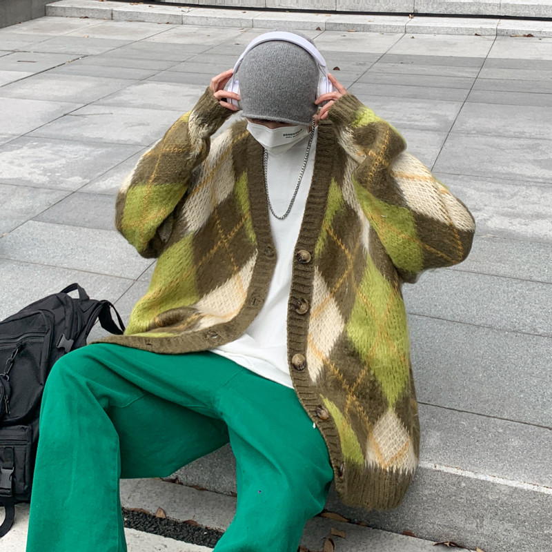 Juspinice šikk kardigan meeste ruuduline V-kaelusega pikkade varrukatega Jaapani stiilis vaba vabaaja kardiganid Vintage Korea stiilis kampsun Y2k topid