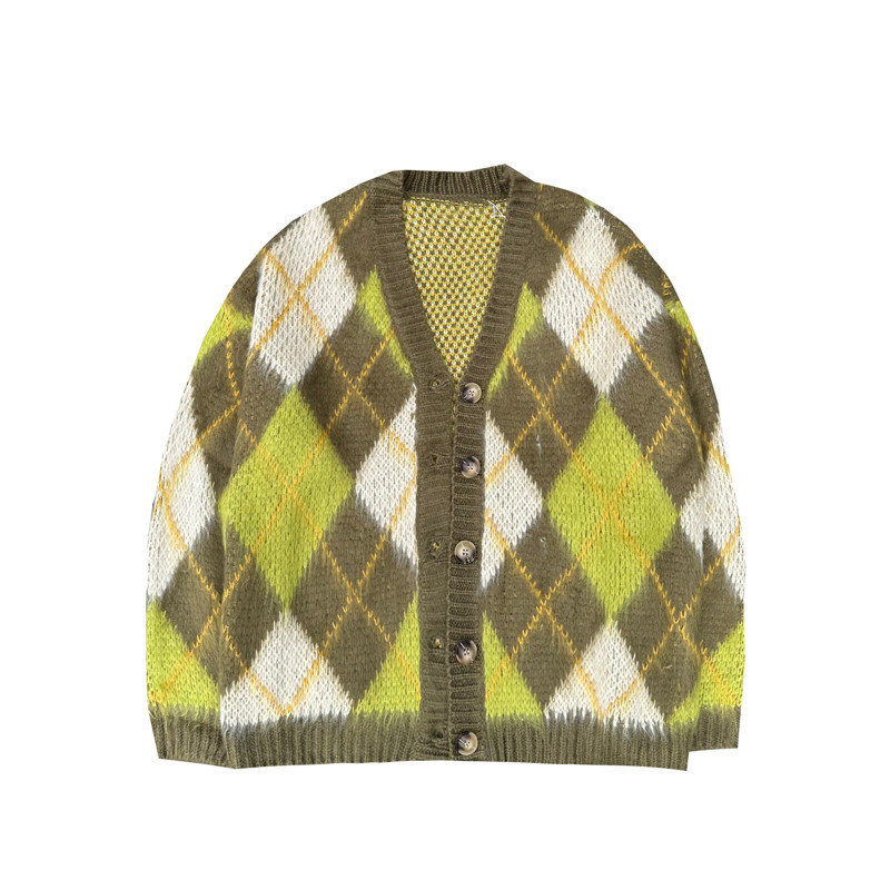 Juspinice šikk kardigan meeste ruuduline V-kaelusega pikkade varrukatega Jaapani stiilis vaba vabaaja kardiganid Vintage Korea stiilis kampsun Y2k topid