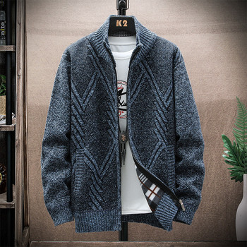 Ανδρικό πουλόβερ με κουκούλα χειμωνιάτικο καινούργιο φλις φερμουάρ Stand-up γιακά μονόχρωμο πλεκτό πουλόβερ casual ανδρικά ρούχα