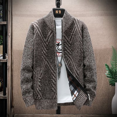 Vyriškas megztinis su gobtuvu, žieminis, naujas vilnonis, užtrauktukas, stovi apykaklė Vienspalvis laisvalaikio megztas megztinis švarkas Vyriški drabužiai