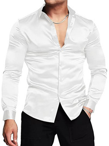 Ανδρικό πολυτελές γυαλιστερό μεταξωτό πουκάμισο σατέν φόρεμα Μακρυμάνικο casual λεπτό πουκάμισο με μυϊκά κουμπιά Plus μέγεθος S-3XL