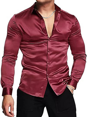 Мъжка луксозна лъскава копринена сатенена риза с дълги ръкави, ежедневна тънка мускулеста риза с копчета Плюс размер S-3XL