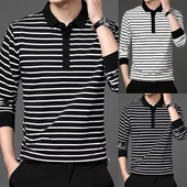 Mood Meeste Uued triibulised särgid Kevad-sügis pikkade varrukatega pluus Revääriga T-särk Meeste riided Vabaaja äri T-särk Topid