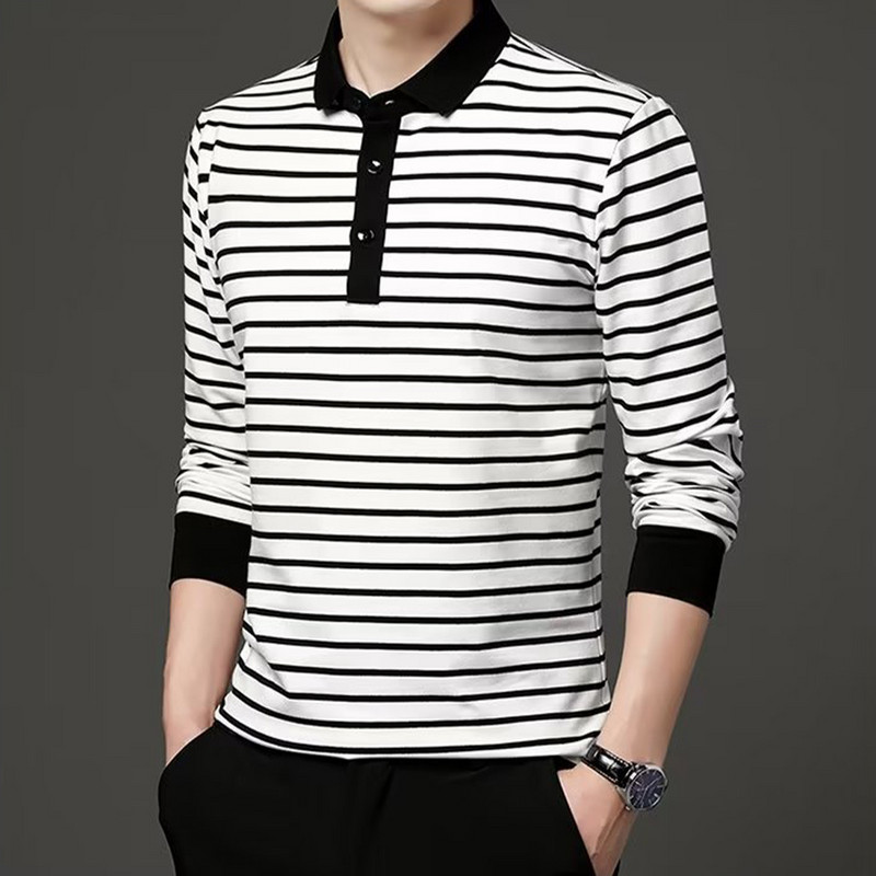 Mood Meeste Uued triibulised särgid Kevad-sügis pikkade varrukatega pluus Revääriga T-särk Meeste riided Vabaaja äri T-särk Topid