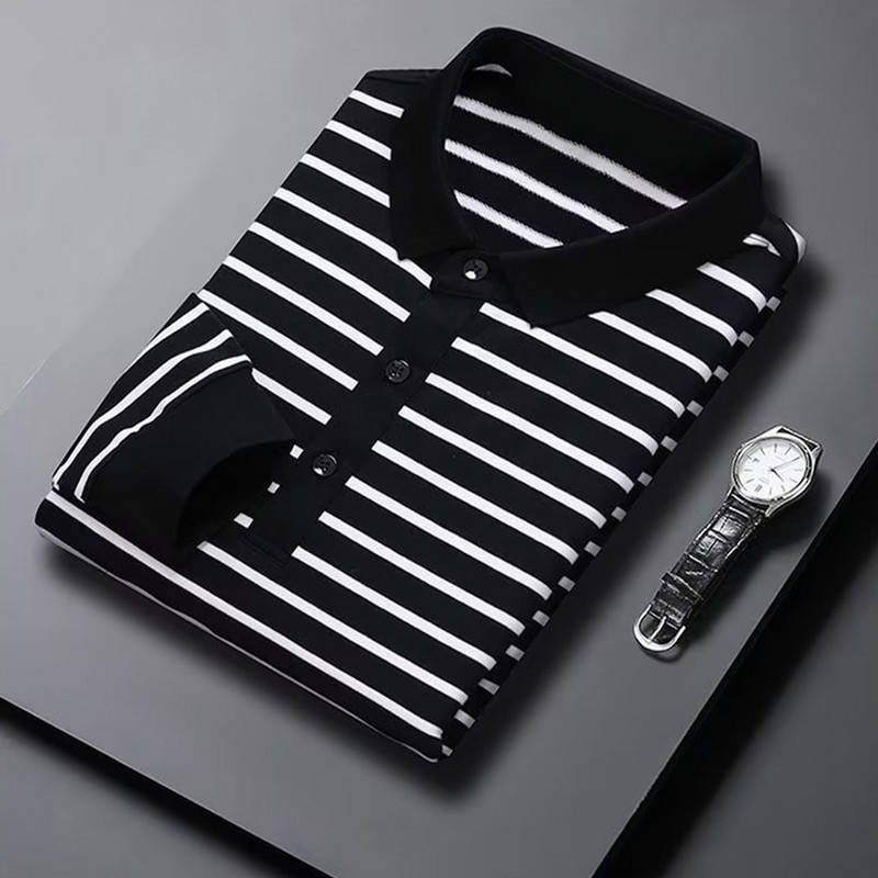 Mood Meeste Uued triibulised särgid Kevad-sügis pikkade varrukatega pluus Revääriga T-särk Meeste riided Vabaaja äri T-särk Topid