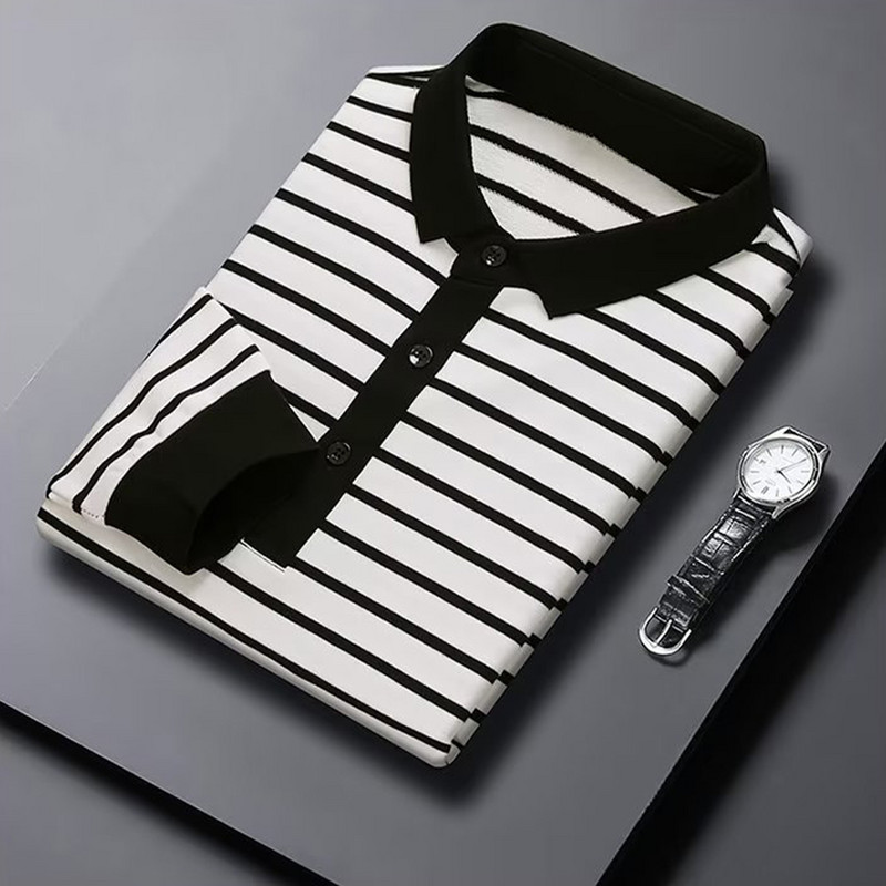 Mood Meeste Uued triibulised särgid Kevad-sügis pikkade varrukatega pluus Revääriga T-särk Meeste riided Vabaaja äri T-särk Topid