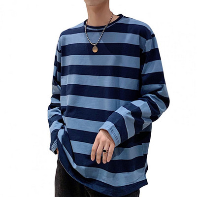 Ριγέ μακρυμάνικο μπλουζάκι ανδρικό κορεάτικο στιλ με αντίθεση με ριγέ λαιμόκοψη Top Loose casual φούτερ Αξεσουάρ μόδας για νέους