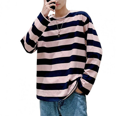 Ριγέ μακρυμάνικο μπλουζάκι ανδρικό κορεάτικο στιλ με αντίθεση με ριγέ λαιμόκοψη Top Loose casual φούτερ Αξεσουάρ μόδας για νέους