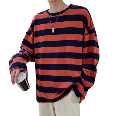 Ριγέ μακρυμάνικο μπλουζάκι ανδρικό κορεάτικο στιλ με αντίθεση με ριγέ λαιμόκοψη Top Loose casual φούτερ Αξεσουάρ μόδας για νέους