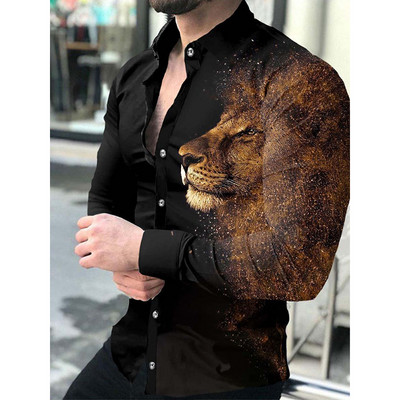 Mood Luksuslikud seltskondlikud meeste särgid lahtikäiva kraega nööpidega särk Casual Lion Print pikkade varrukatega topid Meeste riided ballikardigan