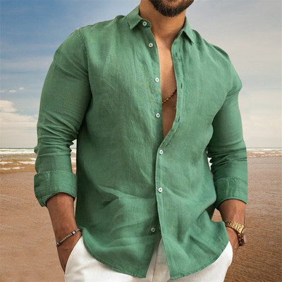 Ανδρικά μακρυμάνικα πουκάμισα από βαμβακερό λινό Hot Sale Ανδρικά πουκάμισα με μονόχρωμο όρθιο γιακά Casual Style Plus Size Ανδρικά casual πουκάμισα