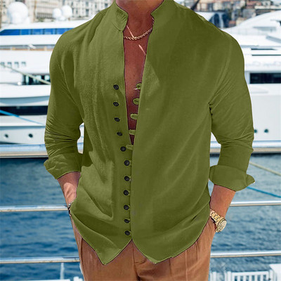 Ανδρικά μακρυμάνικα πουκάμισα από βαμβακερό λινό Hot Sale Ανδρικά πουκάμισα με μονόχρωμο όρθιο γιακά Casual Style Plus Size Ανδρικά casual πουκάμισα