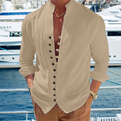 Ανδρικά μακρυμάνικα πουκάμισα από βαμβακερό λινό Hot Sale Ανδρικά πουκάμισα με μονόχρωμο όρθιο γιακά Casual Style Plus Size Ανδρικά casual πουκάμισα