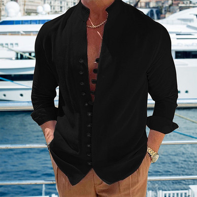 Ανδρικά μακρυμάνικα πουκάμισα από βαμβακερό λινό Hot Sale Ανδρικά πουκάμισα με μονόχρωμο όρθιο γιακά Casual Style Plus Size Ανδρικά casual πουκάμισα