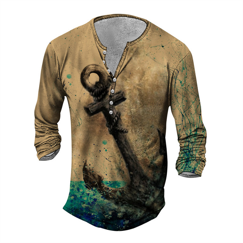 Vintage férfi pólók Iránytű Grafikus 3D nyomtatás Hosszú ujjú pólók Túlméretes Navigációs felső póló Férfi ruhák Punk utcai ruházat