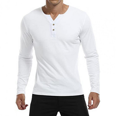 Vyriški rudens marškinėliai ilgomis rankovėmis V kaklu, ploni, vienspalviai mygtukai, minkšti, kvėpuojantys Henley kaklo megztinis vidutinio ilgio vyriškas spyruoklinis botas