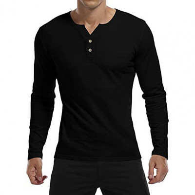 Vyriški rudens marškinėliai ilgomis rankovėmis V kaklu, ploni, vienspalviai mygtukai, minkšti, kvėpuojantys Henley kaklo megztinis vidutinio ilgio vyriškas spyruoklinis botas