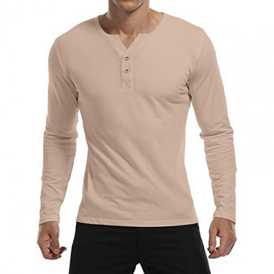 Vyriški rudens marškinėliai ilgomis rankovėmis V kaklu, ploni, vienspalviai mygtukai, minkšti, kvėpuojantys Henley kaklo megztinis vidutinio ilgio vyriškas spyruoklinis botas